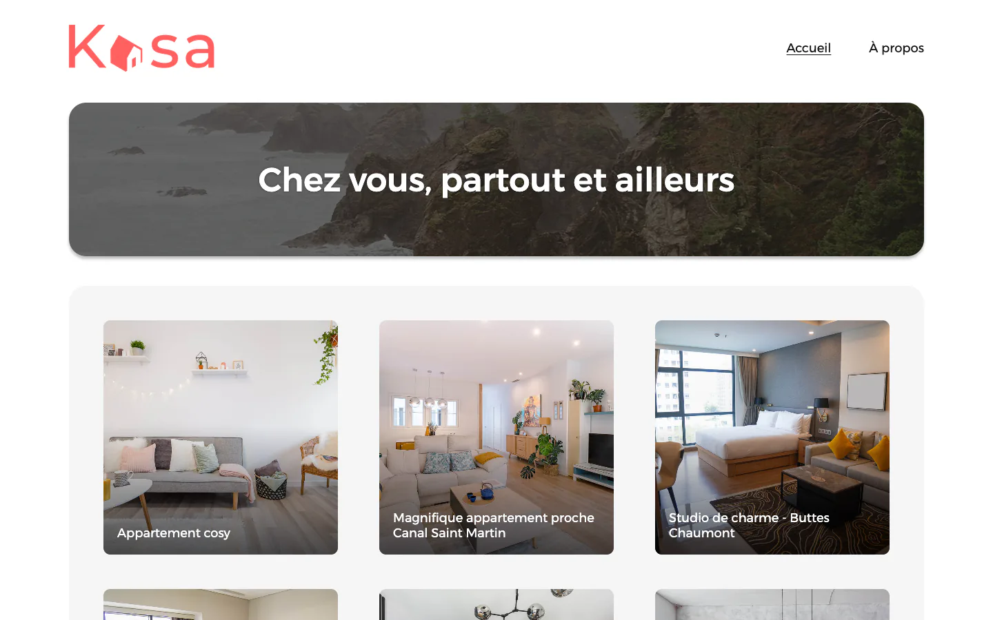 Interface d’accueil Kasa présentant les logements