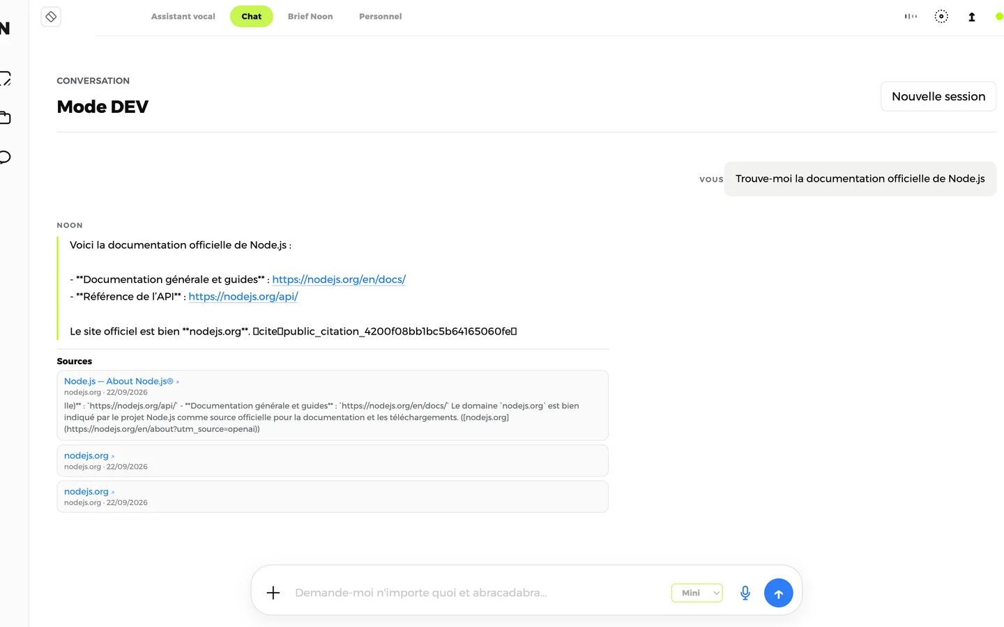 Conversation Noon avec la documentation technique Node.js