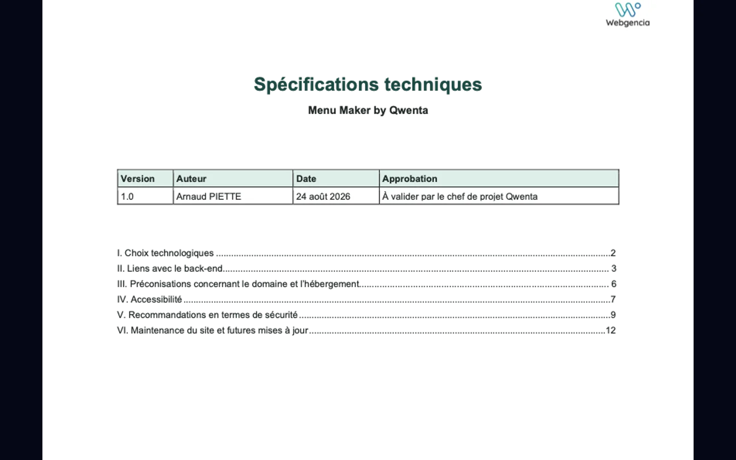 Spécifications techniques du projet Menu Maker by Qwenta